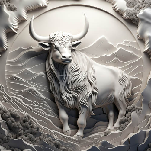 mountainous ridges undulate beneath majestic bison sculpture on weathered stone facades
