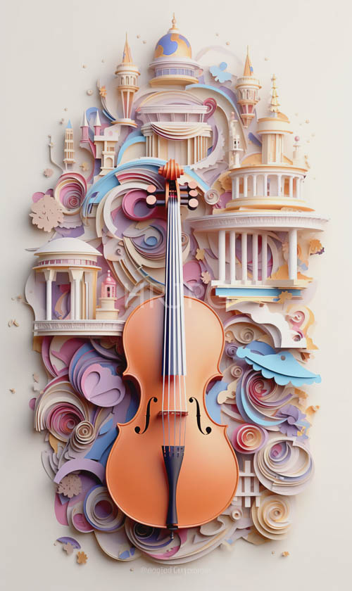 intricately detailed violin blends mythical elements amidst swirling architectural whimsy and dreamlike hues