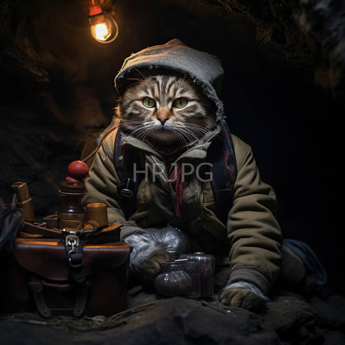 High Resolution: Subterranean cave space with worn olivegreen jacket draped over anthropomorphic tabby cat download. | HRJPG.com