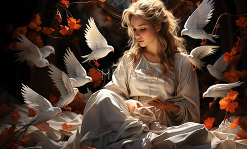 flying doves swirl past female figures in autumn landscapes