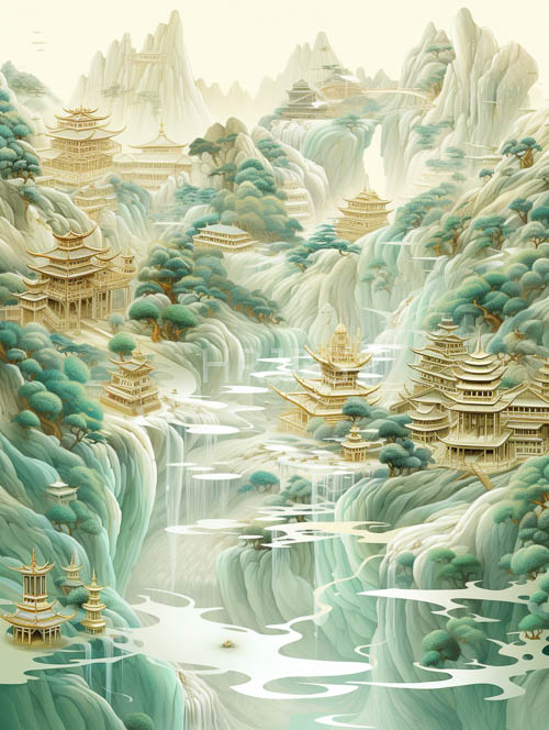 sentinel mountains rise majestically from valley floor amidst lush greenery and golden roofs