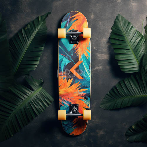 turquoise and orange tropical leaves blend on skateboards deck creating striking contrast in ornate setting