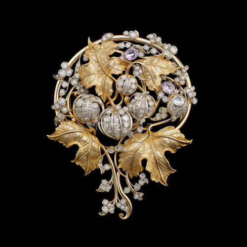 emeraldhued leaves and gourds burst forth from intricate gold filigree amidst inky black backdrop