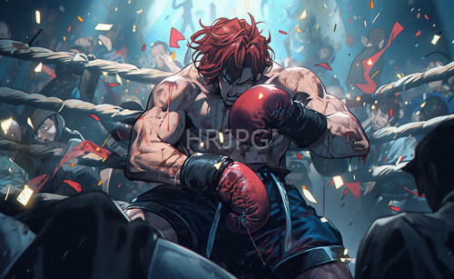 boxers crimson splatters on muscular physique under harsh arena lighting and frayed ropes