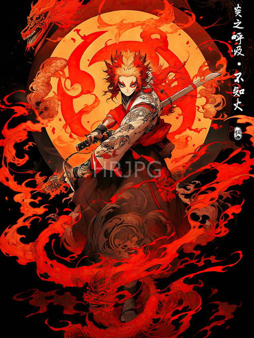 anime warriors determined face fills the swirling vortex of flames