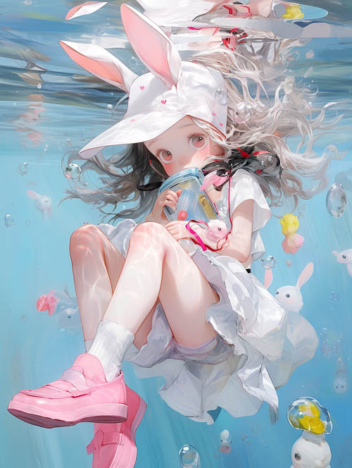 ocean currents swirl beneath girls feet above seafloor with wavy gray hair and pink bunny ears