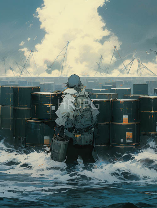 metallic cargo containers loom over armored figure on wet deck amidst turbulent ocean