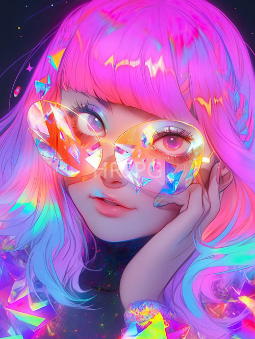 crystalencrusted glasses refract kaleidoscopic patterns onto large expressive eyes in mysterious portraiture