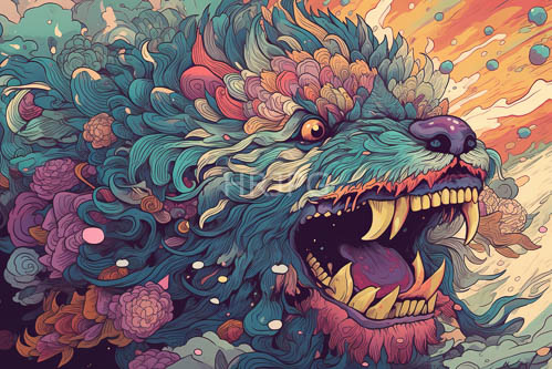 wolf bursts forth from emerald green clouds with intricate fur patterns and crimson roses