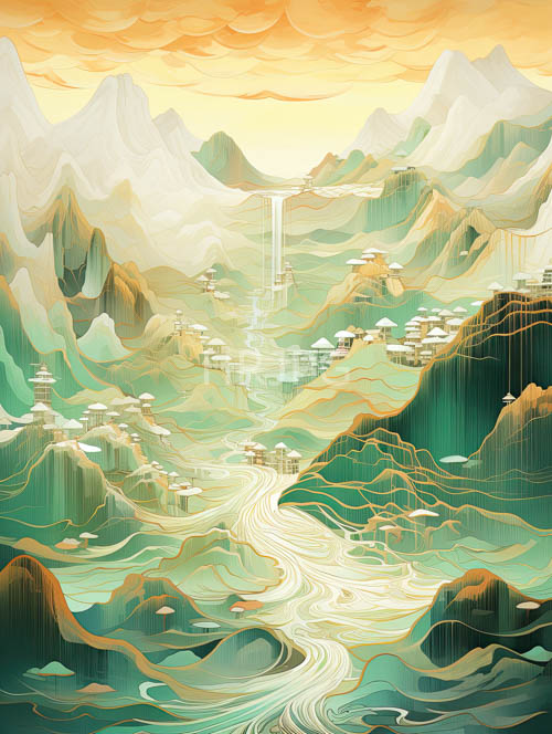 emerald and aquamarine brushstrokes evoke otherworldly atmosphere on winding river paths