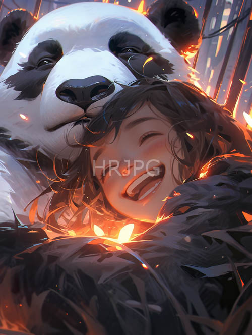 laughter enveloped by pandas gentle embrace in warm cozy environment