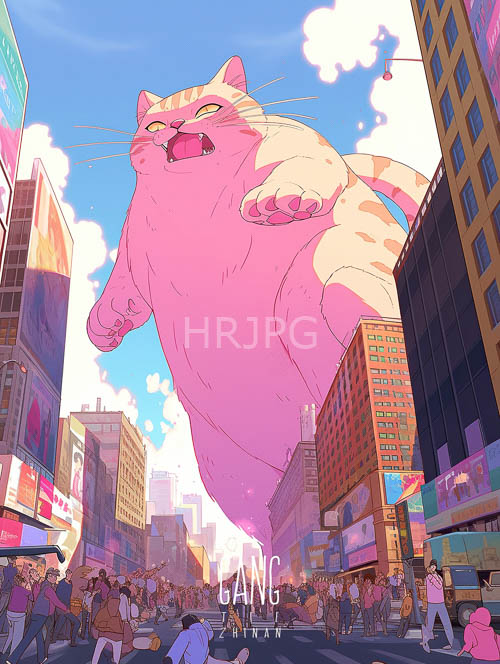gigantic feline monarch conquers urban canopy with muscular feline form and vibrant surroundings