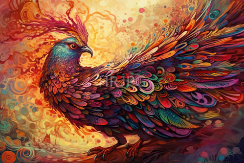 majestic phoenix bursts forth in kaleidoscope of multicolored feathers amidst swirling abstract background