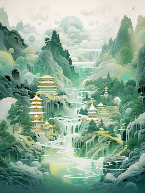 emerald hills shimmer with lustrous pagodas under misty morning skies