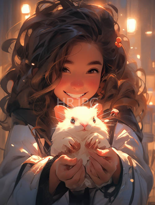 High Resolution: Wavy Brown Hair Frames Tan Skin Amidst Hamsters in Warmth and Light download. | HRJPG.com
