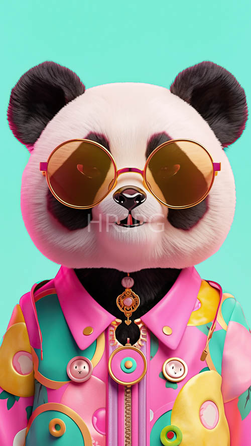 anthropomorphic panda adorned with intricate yellow circles and oversized aviator sunglasses
