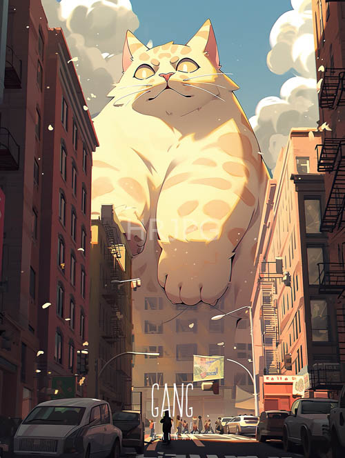 urban street dominated by majestic feline formations in creamcolored brick structures