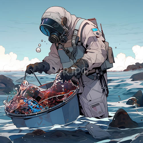 astronauts boots impressions on wet shoreline amidst weathered fissured rocks and liquid beads on metal suit