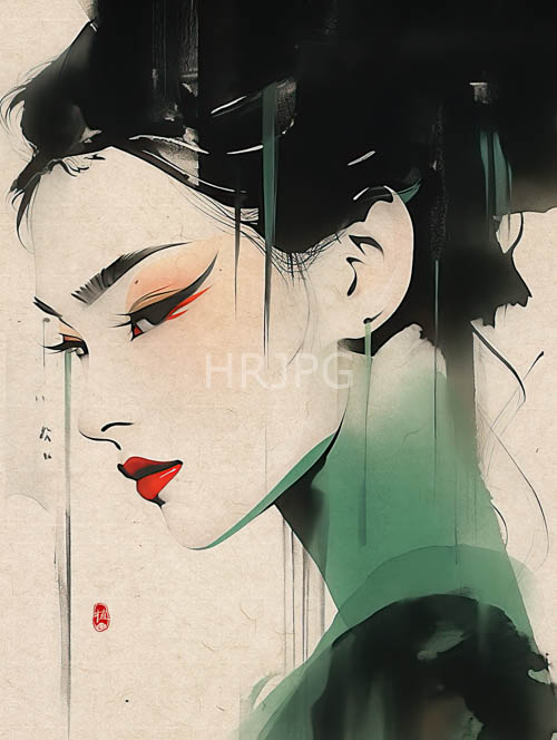 porcelain skin against beige background with red lipstick and black hair