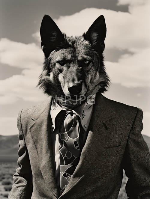 wolf in tailored trousers and patterned tie amidst majestic granite peaks