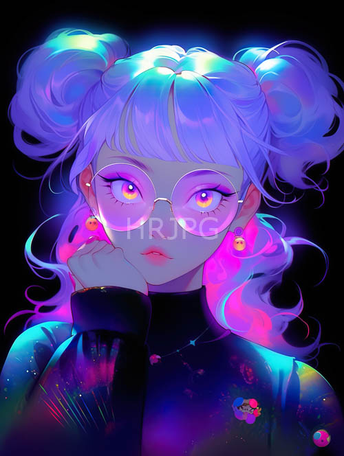 animestyle girls face framed by vibrant purple and pink hair in a serene anime setting