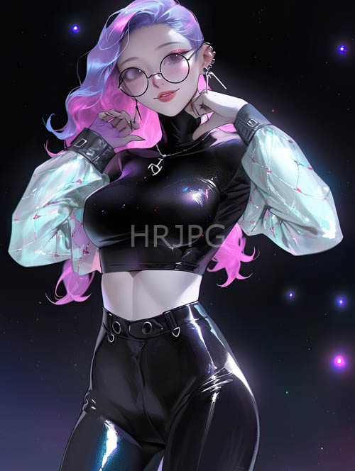 animeinspired womans features accentuated by latex and floral patterns under overhead lighting