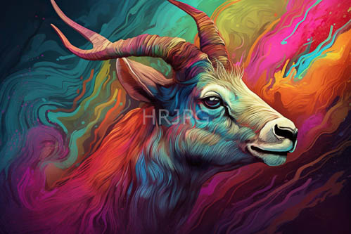 High Resolution: Goats Contorted Horns Silhouetted Against Swirling Muted Color Field and Rough Landscape download. | HRJPG.com