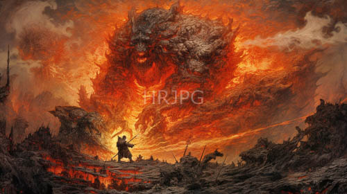 battleworn armor tattered fabric and rugged rock formation amidst fiery orange and red hues