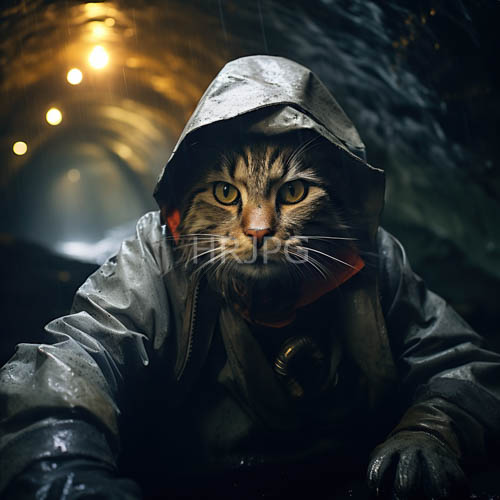 flickering fluorescent lights on damp gray stone walls of underground tunnel reveal wet raincoat sheen