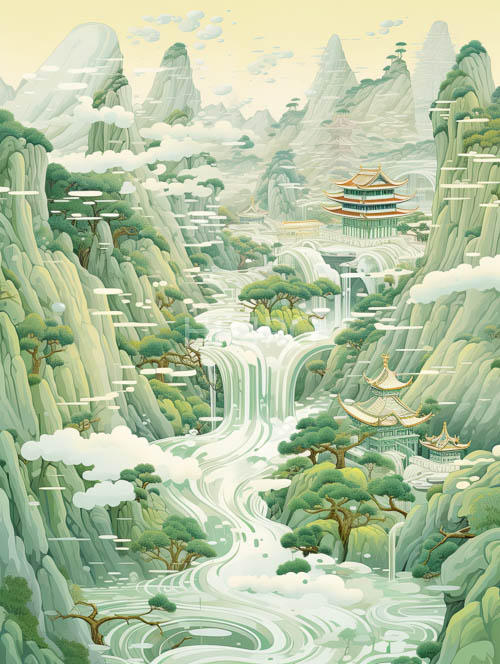 drifting cloud veils cast ethereal glow on rolling terrain with towering rock formations