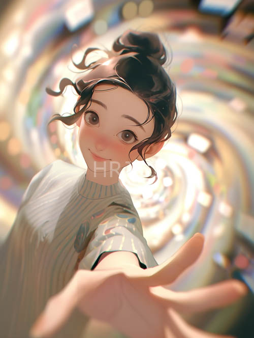 porcelain skin with dark locks and colorful spiral background texture