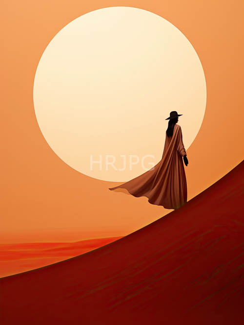 elegant womans form bathed in warm orange hues amidst rustred sand and dunes