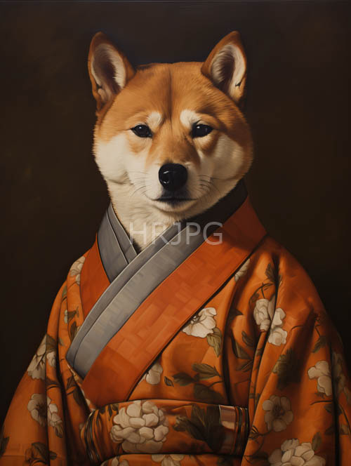 kimonoclad akita inu amidst intricate patterns and muted earthy tones