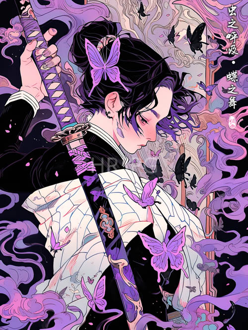 paleskinned figure stands out against pinkpurple haze amidst delicate traditional japanese attire