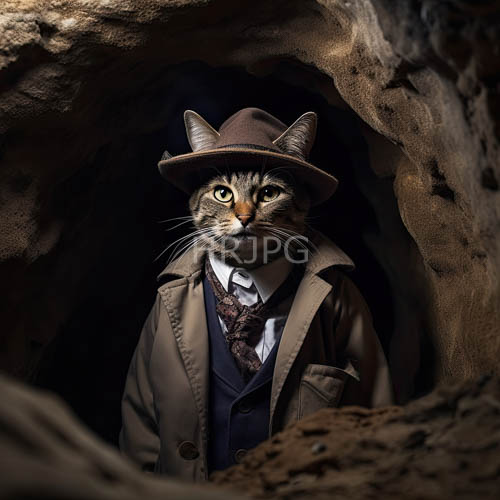 faint flickering light illuminates weathered granite boulders and mysterious feline figure in cave environment