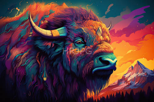 High Resolution: Western Horizon Unfolds with Majestic Bison Amidst Orange Crimson and Amber Hues download. | HRJPG.com