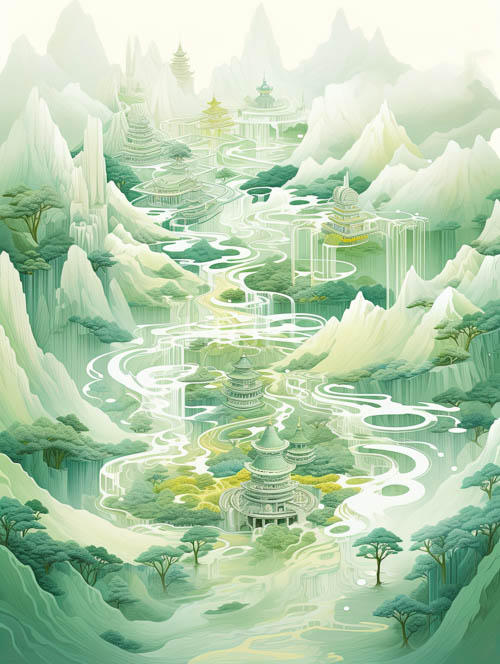 mountain ranges silhouetted by misty veil amidst emerald foliage and dappled light