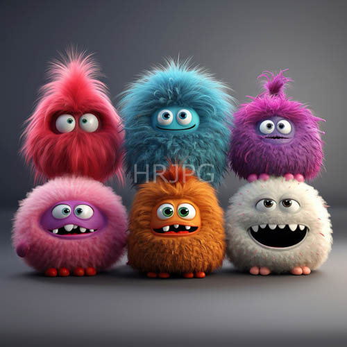 surreal menagerie of oversized eyed creatures in multicolored hues amidst monochromatic background
