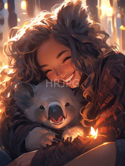 sunsetenveloped woodscapes feature curlyhaired woman and cuddly koala bear in tender moment