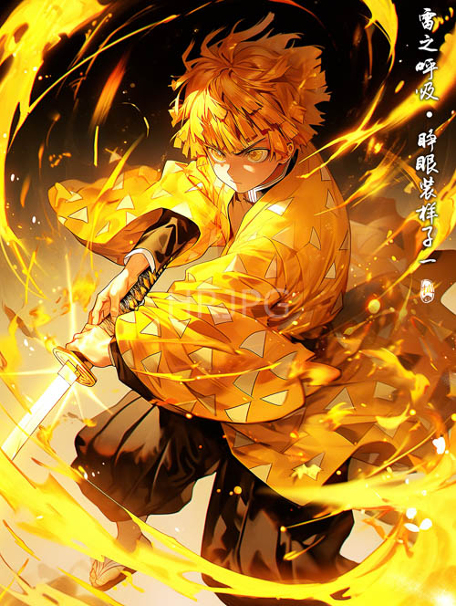 intense blondehaired young man wields sword amidst swirling golden flames in somber tones