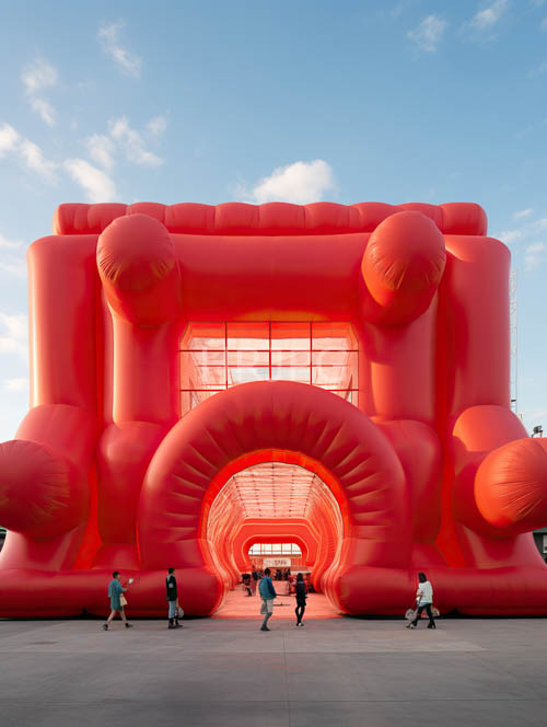 inflatable archways fiery red hues bulge outward against clear blue sky with ethereal light