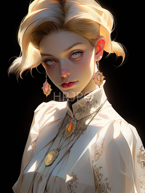 realistic scenery alive with fairskinned womans ethereal form amidst intricate lace dress and ornate jewelry