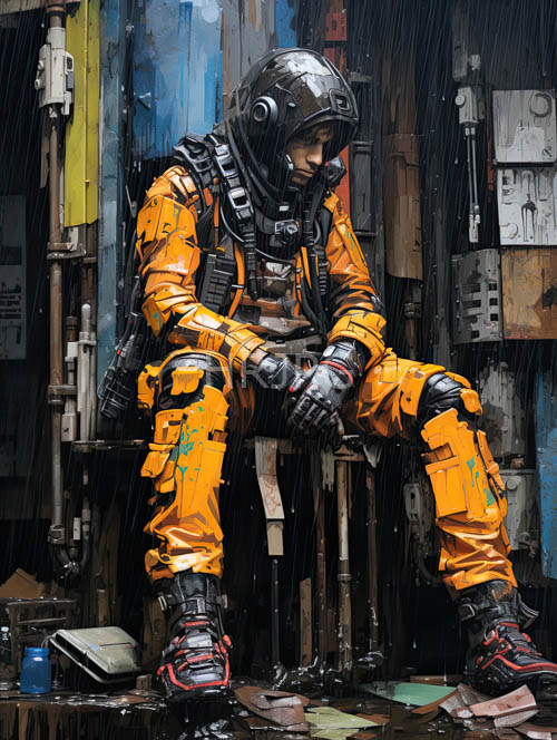 industrial backdrop starkly contrasts astronauts vibrant space suit amidst dimly lit metallic pipes
