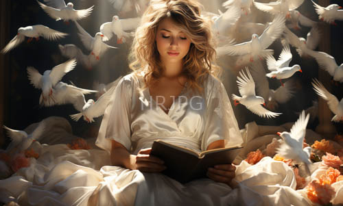 young blonde woman amidst woven texture of sunlit hair and embroidered satin