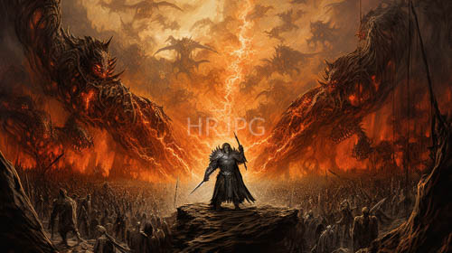 ancient weathered peaks towering above warriors feet under fiery orange skies