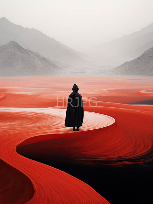 eroding dunes of crimson shifting sands yield to lonely figure amidst foreboding grey fog