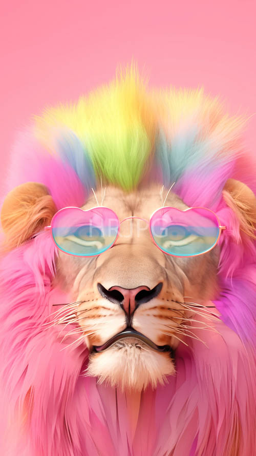 anthropomorphic lions radiant fur in pixelated mosaic against pastel pink background in mirrored glasses setting with metallic sheen