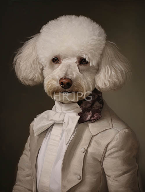 elegantly posed poodle amidst inky blackness with intricate details and subtle tones
