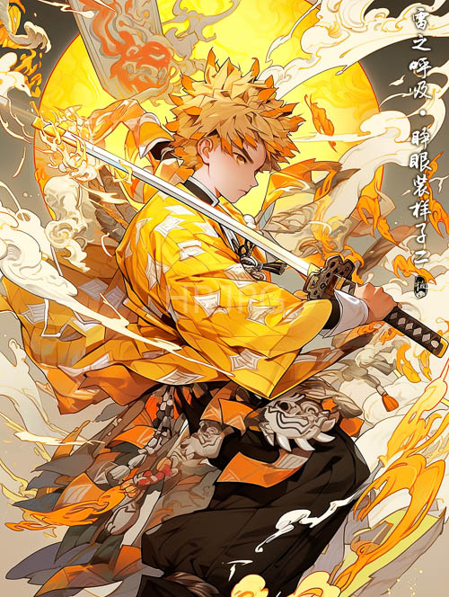 flames dance around warrior in crimson robes at orangehued japanese temple setting