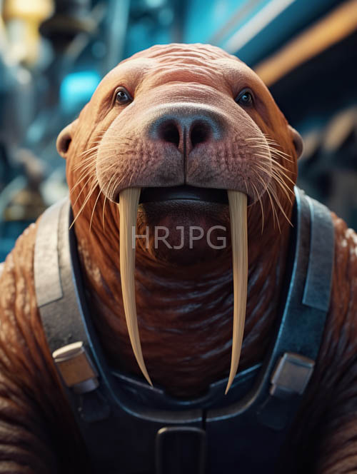walrus physique accentuated by weathered skin and ivory tusks in industrial setting